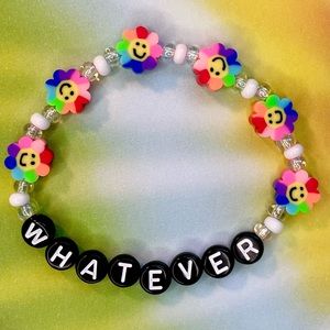 Whatever Flower Power Smile Face Beaded Stretch Bracelet Clay Floral Beads Y2K